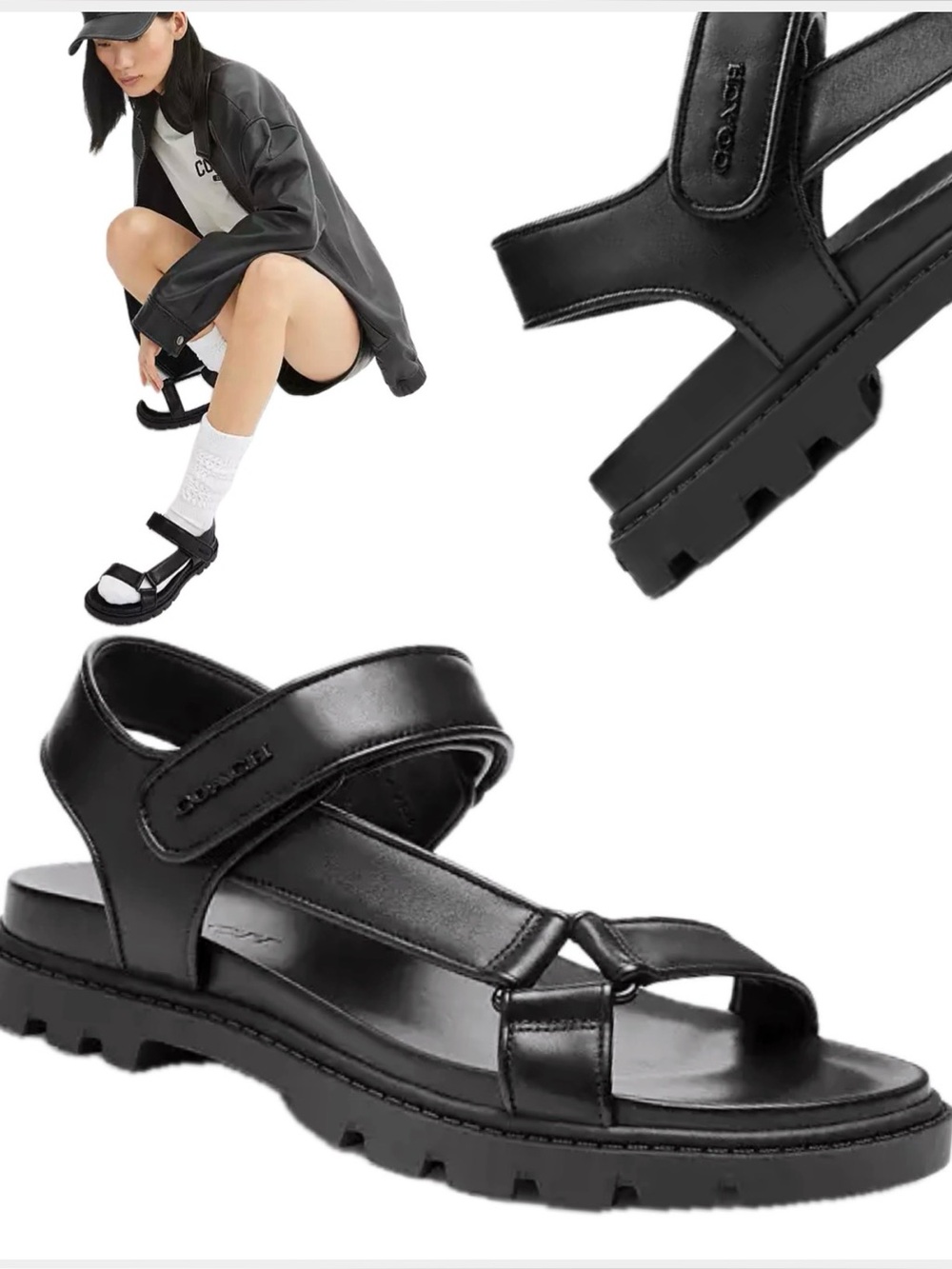 Coach Black Leather Lug-Sole Women's Sport Sandals